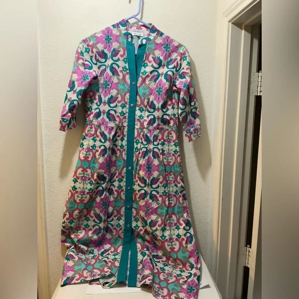 Beau & Ro 100% Cotton colorful Painted Midi Button Down Dress